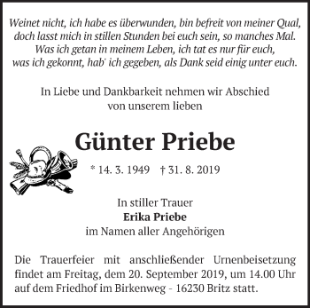 Traueranzeige von Günter Priebe von Märkische Oderzeitung