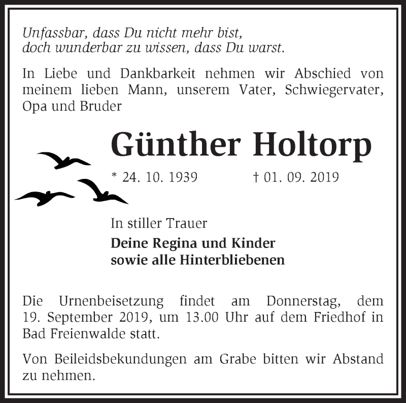  Traueranzeige für Günther Holtorp vom 07.09.2019 aus Märkische Oderzeitung