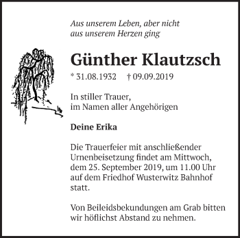 Traueranzeige von Günther Klautzsch von Märkische Oderzeitung