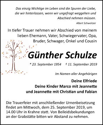 Traueranzeige von Günther Schulze von Märkische Oderzeitung