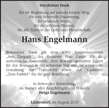 Traueranzeige von Hans Engelmann von Märkische Oderzeitung