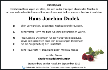 Traueranzeige von Hans-Joachim Dudek von Märkische Oderzeitung