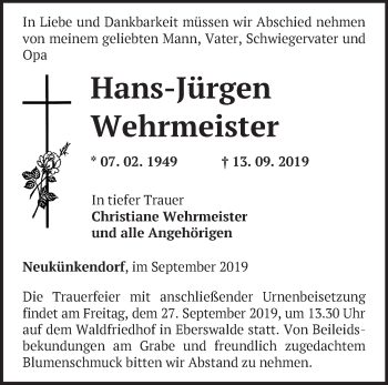 Traueranzeige von Hans-Jürgen Wehrmeister von Märkische Oderzeitung