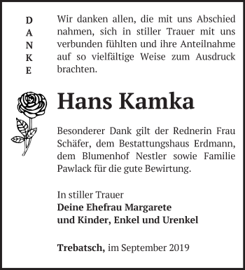 Traueranzeige von Hans Kamka von Märkische Oderzeitung