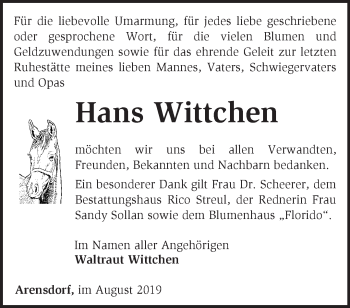 Traueranzeige von Hans Wittchen von Märkische Oderzeitung