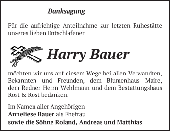 Traueranzeige von Harry Bauer von Märkische Oderzeitung