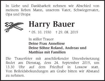 Traueranzeige von Harry Bauer von Märkische Oderzeitung