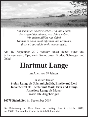 Traueranzeige von Hartmut Lange von Märkische Oderzeitung