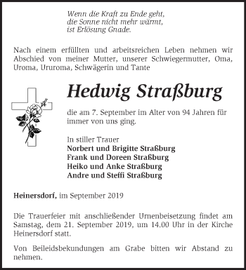 Traueranzeige von Hedwig Straßburg von Märkische Oderzeitung