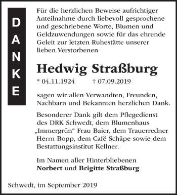 Traueranzeige von Hedwig Straßburg von Märkische Oderzeitung