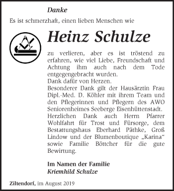 Traueranzeige von Heinz Schulze von Märkische Oderzeitung