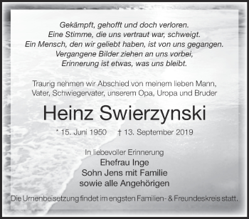 Traueranzeige von Heinz Swierzynski von Märkische Oderzeitung