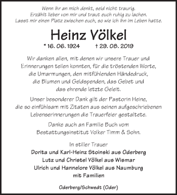 Traueranzeige von Heinz Völkel von Märkische Oderzeitung