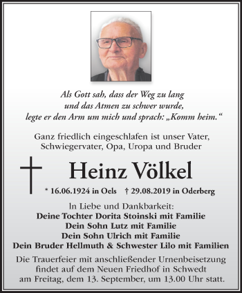 Traueranzeige von Heinz Völkel von Märkische Oderzeitung