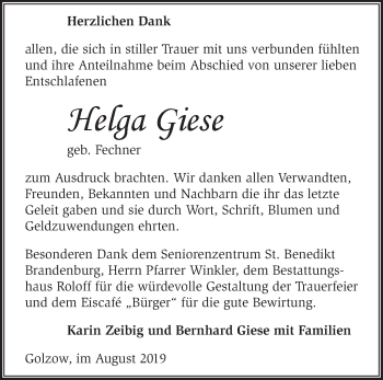 Traueranzeige von Helga Giese von Märkische Oderzeitung