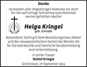 Traueranzeige von Helga Kringel von Märkische Oderzeitung