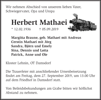 Traueranzeige von Herbert Mathaei von Märkische Oderzeitung