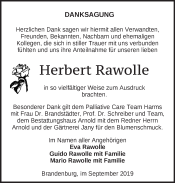 Traueranzeige von Herbert Rawolle von Märkische Oderzeitung