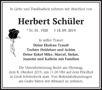 Traueranzeige von Herbert Schüler von Märkische Oderzeitung