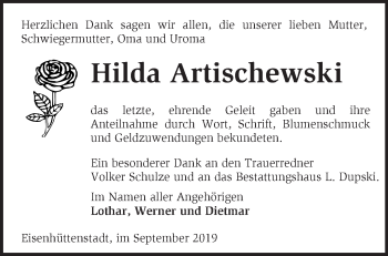 Traueranzeige von Hilda Artischewski von Märkische Oderzeitung