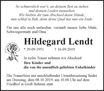 Traueranzeige von Hildegard Lendt von Märkische Oderzeitung