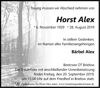 Traueranzeige von Horst Alex von Märkische Oderzeitung