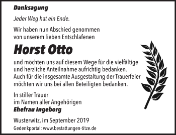 Traueranzeige von Horst Otto von Märkische Oderzeitung