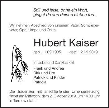 Traueranzeige von Hubert Kaiser von Märkische Oderzeitung