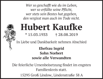 Traueranzeige von Hubert Kaufke von Märkische Oderzeitung