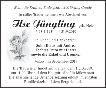 Traueranzeige von Ilse Jüngling von Märkische Oderzeitung