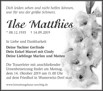 Traueranzeige von Ilse Matthies von Märkische Oderzeitung