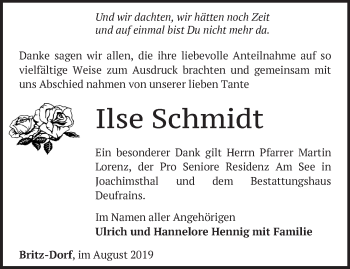 Traueranzeige von Ilse Schmidt von Märkische Oderzeitung