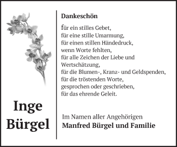 Traueranzeige von Inge Bürgel von Märkische Oderzeitung