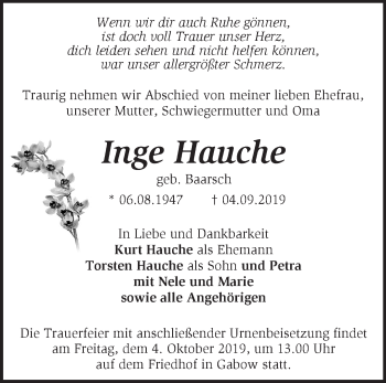 Traueranzeige von Inge Hauche von Märkische Oderzeitung