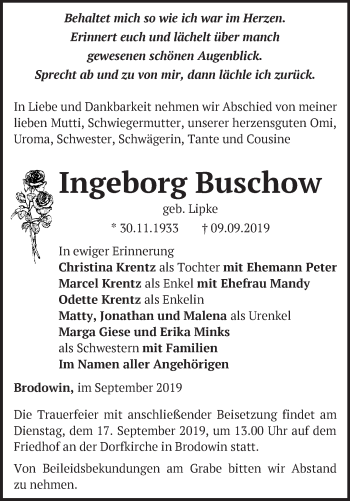 Traueranzeige von Ingeborg Buschow von Märkische Oderzeitung