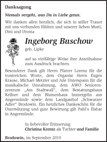 Traueranzeige von Ingeborg Buschow von Märkische Oderzeitung