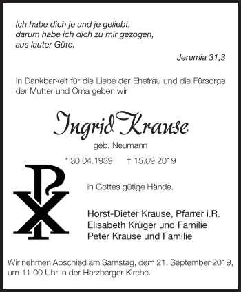 Traueranzeige von Ingrid Krause von Märkische Oderzeitung