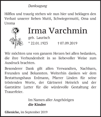 Traueranzeige von Irma Varchmin von Märkische Oderzeitung