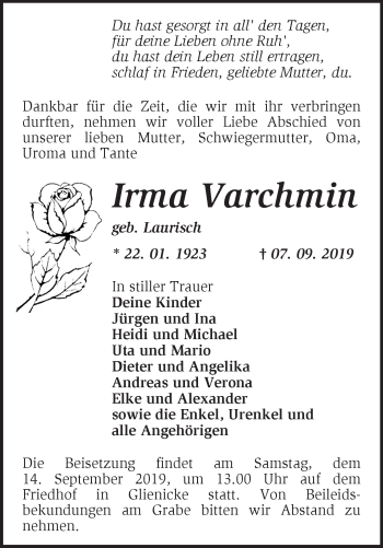 Traueranzeige von Irma Varchmin von Märkische Oderzeitung