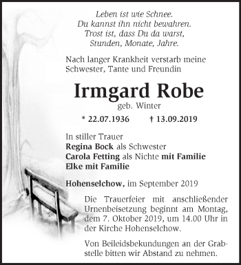 Traueranzeige von Irmgard Robe von Märkische Oderzeitung