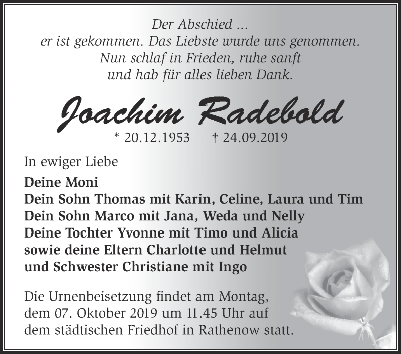  Traueranzeige für Joachim Radebold vom 29.09.2019 aus Märkische Oderzeitung