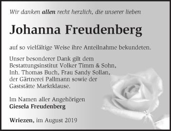 Traueranzeige von Johanna Freudenberg von Märkische Oderzeitung