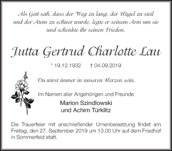 Traueranzeige von Jutta Gertrud Charlotte Lau von Märkische Oderzeitung