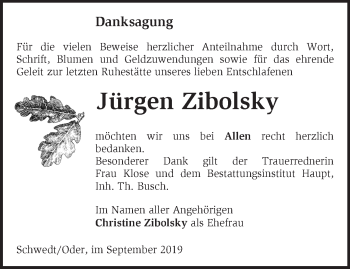 Traueranzeige von Jürgen Zibolsky von Märkische Oderzeitung