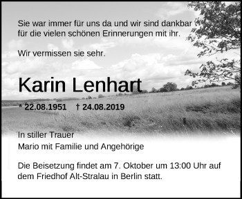 Traueranzeige von Karin Lenhart von Märkische Oderzeitung