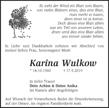 Traueranzeige von Karina Wulkow von Märkische Oderzeitung