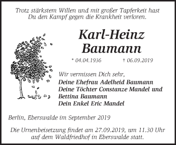 Traueranzeige von Karl-Heinz Baumann von Märkische Oderzeitung