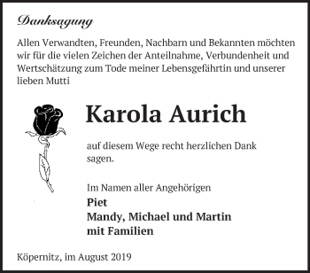 Traueranzeige von Karola Aurich von Märkische Oderzeitung