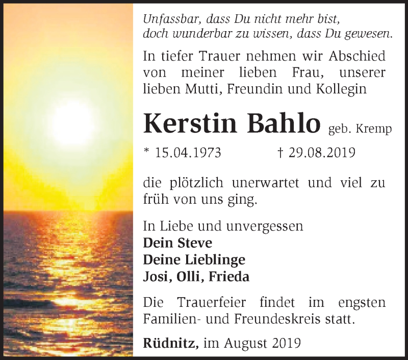  Traueranzeige für Kerstin Bahlo vom 22.09.2019 aus Märkische Oderzeitung