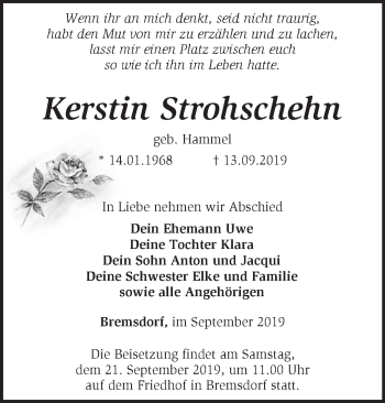 Traueranzeige von Kerstin Strohschehn von Märkische Oderzeitung